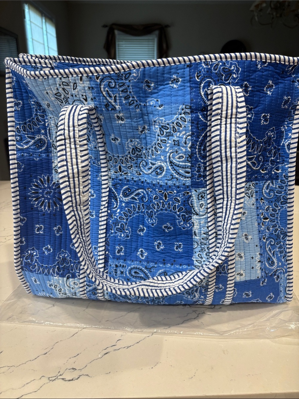 POL Blue Patchwork Quilted Tote with Striped Handles & Zip Closure NWT